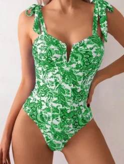 Women's Swimwear One Piece Monokini Swimsuit Backless Tummy Control High Waist Slim Vacation Beach Wear Floral V Wire Sleeveless Bathing Suits