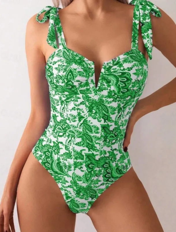 Women's Swimwear One Piece Monokini Swimsuit Backless Tummy Control High Waist Slim Vacation Beach Wear Floral V Wire Sleeveless Bathing Suits