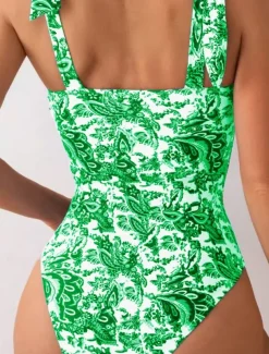 Women's Swimwear One Piece Monokini Swimsuit Backless Tummy Control High Waist Slim Vacation Beach Wear Floral V Wire Sleeveless Bathing Suits