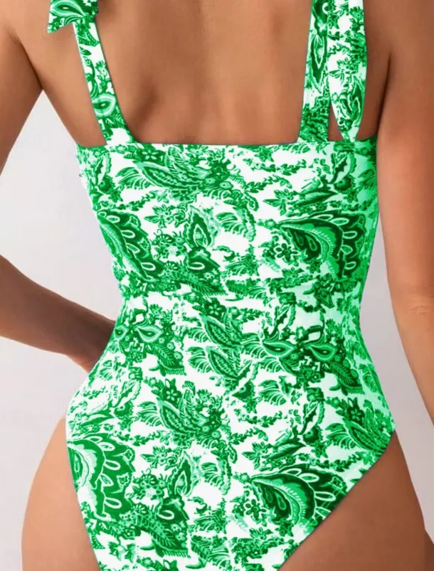 Women's Swimwear One Piece Monokini Swimsuit Backless Tummy Control High Waist Slim Vacation Beach Wear Floral V Wire Sleeveless Bathing Suits