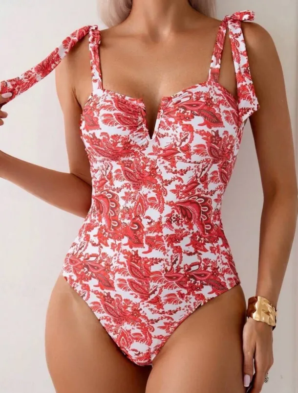 Women's Swimwear One Piece Monokini Swimsuit Backless Tummy Control High Waist Slim Vacation Beach Wear Floral V Wire Sleeveless Bathing Suits