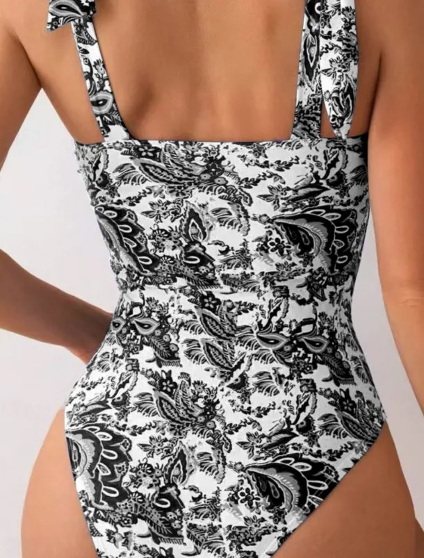 Women's Swimwear One Piece Monokini Swimsuit Backless Tummy Control High Waist Slim Vacation Beach Wear Floral V Wire Sleeveless Bathing Suits