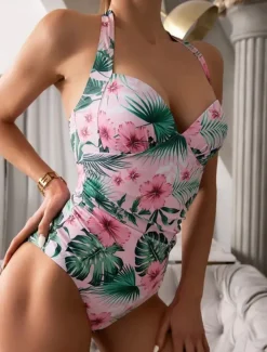 Women's Swimwear One Piece Swimsuit Vacation Tropical Floral Graphic Sleeveless Bathing Suits