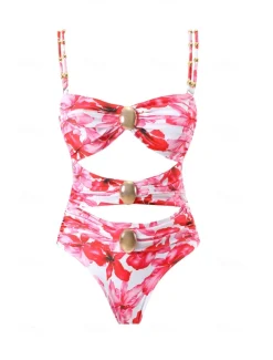 Women's Swimwear One Piece Monokini Swimsuit Backless Tummy Control High Waist Slim Vacation Beach Wear Floral Leopard Strapless Sleeveless Bathing Suits