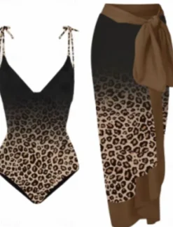 Women's Swimwear One Piece 2 Piece Skirt Swimsuit Backless Tummy Control High Waist Slim Vacation Beach Wear Leopard V Neck Sleeveless Bathing Suits