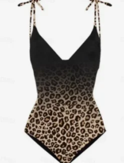 Women's Swimwear One Piece 2 Piece Skirt Swimsuit Backless Tummy Control High Waist Slim Vacation Beach Wear Leopard V Neck Sleeveless Bathing Suits