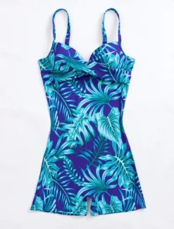 Women's Swimwear One Piece Monokini Swimsuit Backless Tummy Control High Waist Slim Vacation Beach Wear Leaves V Neck Sleeveless Bathing Suits