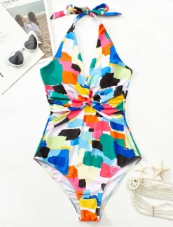 Women's Swimwear One Piece Swimsuit Backless Patchwork Fashion Cute Graphic Halter Neck Sleeveless Bathing Suits