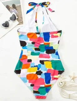 Women's Swimwear One Piece Swimsuit Backless Patchwork Fashion Cute Graphic Halter Neck Sleeveless Bathing Suits