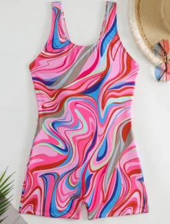 Women's Swimwear One Piece Monokini Swimsuit Backless Tummy Control High Waist Slim Vacation Beach Wear Ombre U Neck Sleeveless Bathing Suits