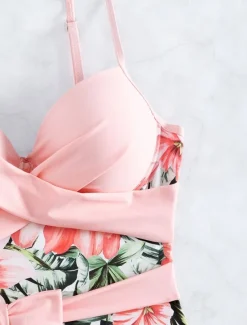 Women's Swimwear One Piece Monokini Swimsuit Backless Tummy Control High Waist Slim Vacation Beach Wear Floral V Neck Sleeveless Bathing Suits