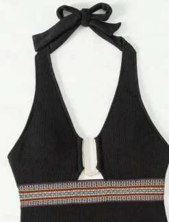 Women's Swimwear One Piece Monokini Swimsuit Backless Patchwork Tummy Control High Waist Slim Vacation Beach Wear Solid Color Halter Neck Sleeveless Bathing Suits