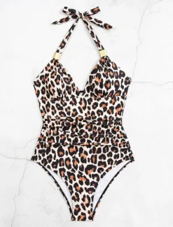 Women's Swimwear One Piece Swimsuit Backless Patchwork Vintage Sexy Graphic Halter Neck Sleeveless Bathing Suits