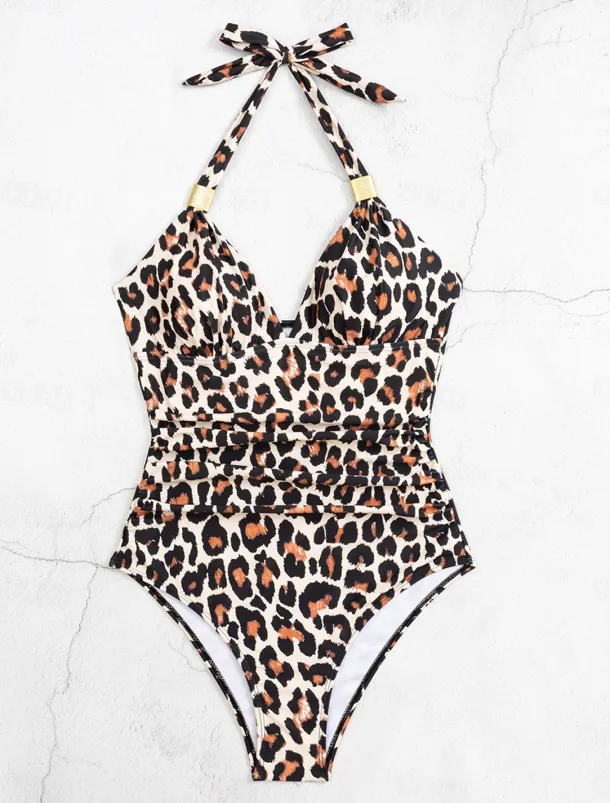 Women's Swimwear One Piece Swimsuit Backless Patchwork Vintage Sexy Graphic Halter Neck Sleeveless Bathing Suits