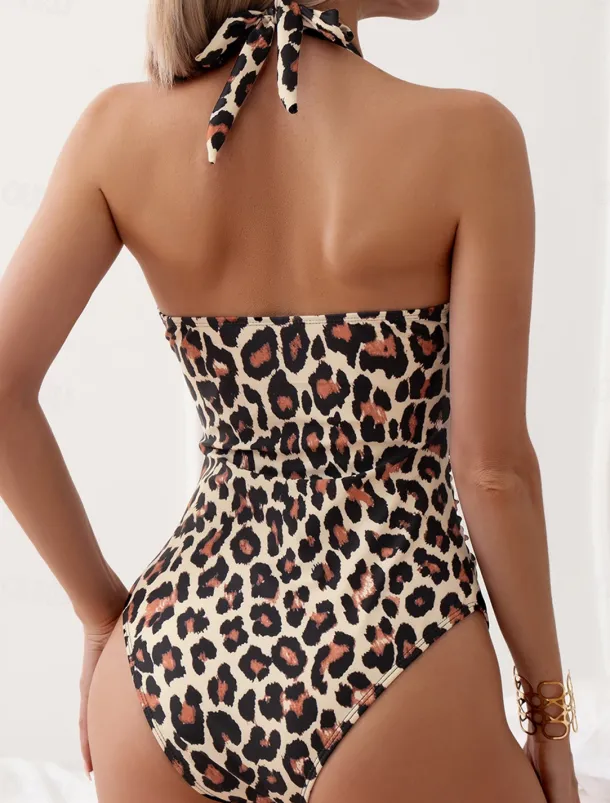 Women's Swimwear One Piece Swimsuit Backless Patchwork Vintage Sexy Graphic Halter Neck Sleeveless Bathing Suits