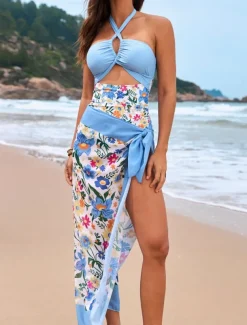 Women's Swimwear One Piece 2 Piece Monokini Skirt Swimsuit Backless Tummy Control High Waist Slim Vacation Beach Wear Floral Halter Neck Sleeveless Bathing Suits