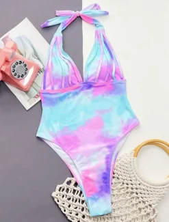 Women's Swimwear One Piece Monokini Swimsuit Backless Tummy Control High Waist Slim Vacation Beach Wear Tie Dye Halter Neck Sleeveless Bathing Suits