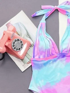 Women's Swimwear One Piece Monokini Swimsuit Backless Tummy Control High Waist Slim Vacation Beach Wear Tie Dye Halter Neck Sleeveless Bathing Suits