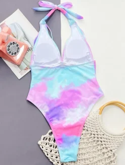 Women's Swimwear One Piece Monokini Swimsuit Backless Tummy Control High Waist Slim Vacation Beach Wear Tie Dye Halter Neck Sleeveless Bathing Suits