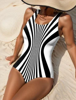Women's Swimwear One Piece Swimsuit Printing Stylish Striped Sleeveless Bathing Suits