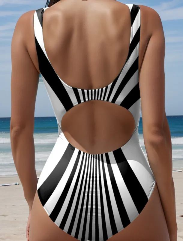 Women's Swimwear One Piece Swimsuit Printing Stylish Striped Sleeveless Bathing Suits