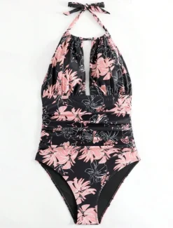 Women's Swimwear One Piece Swimsuit Backless Tummy Control High Waist Slim Vacation Beach Wear Graphic Halter Neck Sleeveless Bathing Suits