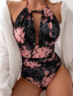 Women's Swimwear One Piece Swimsuit Backless Tummy Control High Waist Slim Vacation Beach Wear Graphic Halter Neck Sleeveless Bathing Suits