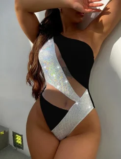 Women's Swimwear One Piece Monokini Swimsuit Backless Glitter Tummy Control High Waist Slim Vacation Beach Wear Solid Color Halter Neck Sleeveless Bathing Suits