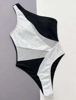 Women's Swimwear One Piece Monokini Swimsuit Backless Glitter Tummy Control High Waist Slim Vacation Beach Wear Solid Color Halter Neck Sleeveless Bathing Suits