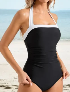 Women's Swimwear One Piece Monokini Swimsuit Backless Tummy Control Slim Vacation Beach Wear Solid Color Color Block Halter Neck Sleeveless Bathing Suits