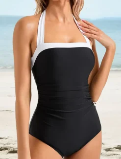 Women's Swimwear One Piece Monokini Swimsuit Backless Tummy Control Slim Vacation Beach Wear Solid Color Color Block Halter Neck Sleeveless Bathing Suits