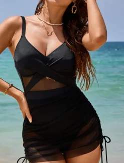Women's Swimwear One Piece Monokini Swimsuit Tummy Control High Waist Slim Mesh Backless Vacation Beach Wear Solid Color V Neck Sleeveless Bathing Suits