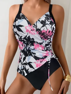 Women's Swimwear One Piece Monokini Swimsuit Backless Tummy Control High Waist Slim Vacation Beach Wear Ombre Floral V Neck Sleeveless Bathing Suits