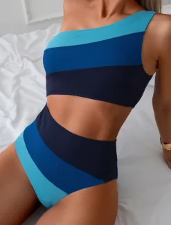 Women's Swimwear One Piece Swimsuit Backless Tummy Control High Waist Slim Vacation Beach Wear Stripe Asymmetric Neck Sleeveless Bathing Suits