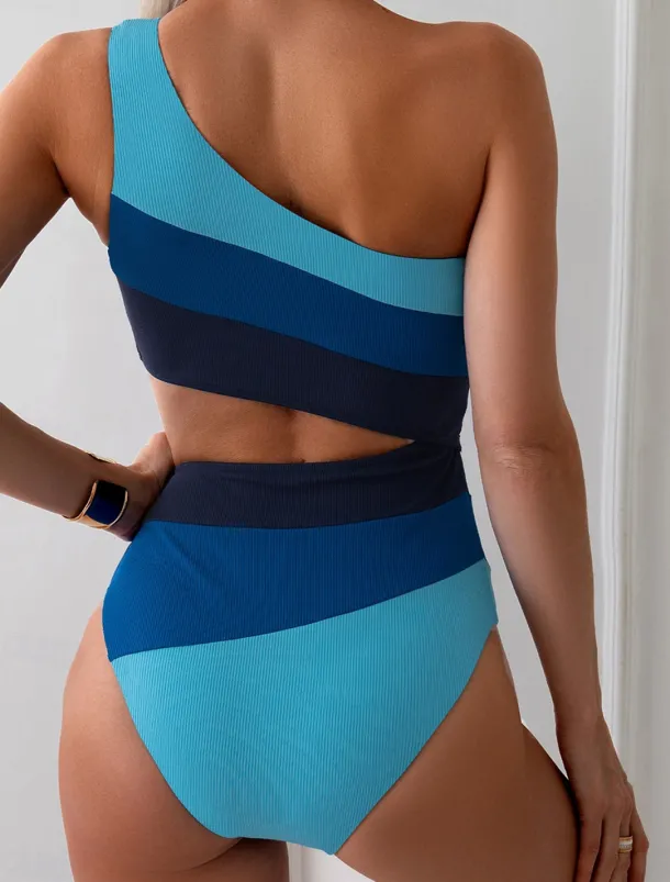 Women's Swimwear One Piece Swimsuit Backless Tummy Control High Waist Slim Vacation Beach Wear Stripe Asymmetric Neck Sleeveless Bathing Suits
