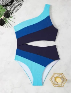 Women's Swimwear One Piece Swimsuit Backless Tummy Control High Waist Slim Vacation Beach Wear Stripe Asymmetric Neck Sleeveless Bathing Suits