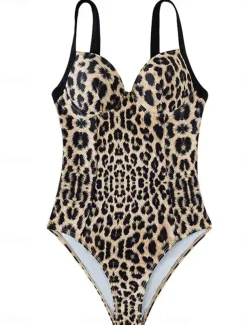 Women's Swimwear One Piece Swimsuit Backless Patchwork Vintage Sexy Leopard Sleeveless Bathing Suits