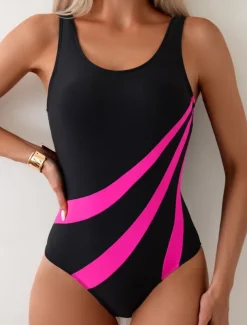Women's Swimwear One Piece Monokini Swimsuit Backless Tummy Control High Waist Slim Vacation Beach Wear Color Block U Neck Sleeveless Bathing Suits