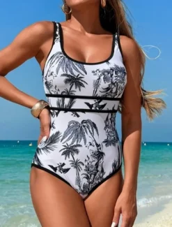 Women's Swimwear One Piece Monokini Swimsuit Backless Tummy Control High Waist Slim Vacation Beach Wear Graphic U Neck Sleeveless Bathing Suits