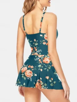 Women's Swimwear One Piece Monokini Swim Dress Swimsuit Backless Tummy Control High Waist Slim Vacation Beach Wear Floral Halter Neck Sleeveless Bathing Suits