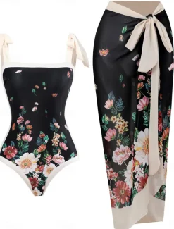 Women's Swimwear One Piece 2 Piece Swimsuit Backless Tummy Control High Waist Slim Vacation Beach Wear Floral Sleeveless Bathing Suits