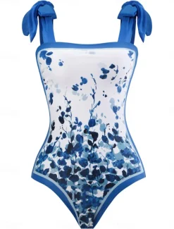 Women's Swimwear One Piece 2 Piece Swimsuit Backless Tummy Control High Waist Slim Vacation Beach Wear Floral Sleeveless Bathing Suits
