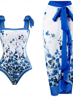 Women's Swimwear One Piece 2 Piece Swimsuit Backless Tummy Control High Waist Slim Vacation Beach Wear Floral Sleeveless Bathing Suits