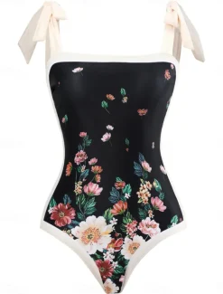 Women's Swimwear One Piece 2 Piece Swimsuit Backless Tummy Control High Waist Slim Vacation Beach Wear Floral Sleeveless Bathing Suits