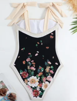 Women's Swimwear One Piece 2 Piece Swimsuit Backless Tummy Control High Waist Slim Vacation Beach Wear Floral Sleeveless Bathing Suits