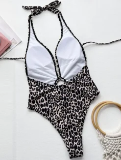 Women's Swimwear One Piece Monokini Swimsuit Backless Tummy Control High Waist Slim Vacation Beach Wear Leopard Halter Neck Sleeveless Bathing Suits