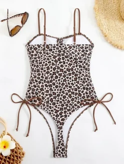 Women's Swimwear One Piece Monokini Swimsuit Backless Tummy Control High Waist Slim Vacation Beach Wear Leopard V Neck Sleeveless Bathing Suits