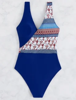 Women's Swimwear One Piece Monokini Swimsuit Backless Tummy Control High Waist Slim Vacation Beach Wear Floral V Neck Sleeveless Bathing Suits