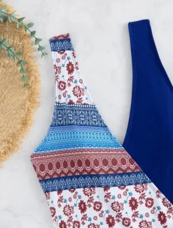 Women's Swimwear One Piece Monokini Swimsuit Backless Tummy Control High Waist Slim Vacation Beach Wear Floral V Neck Sleeveless Bathing Suits