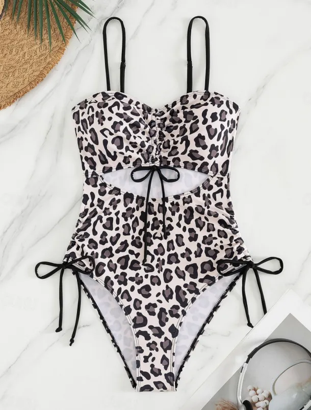 Women's Swimwear One Piece Monokini Swimsuit Backless Tummy Control High Waist Slim Vacation Beach Wear Leopard V Neck Sleeveless Bathing Suits